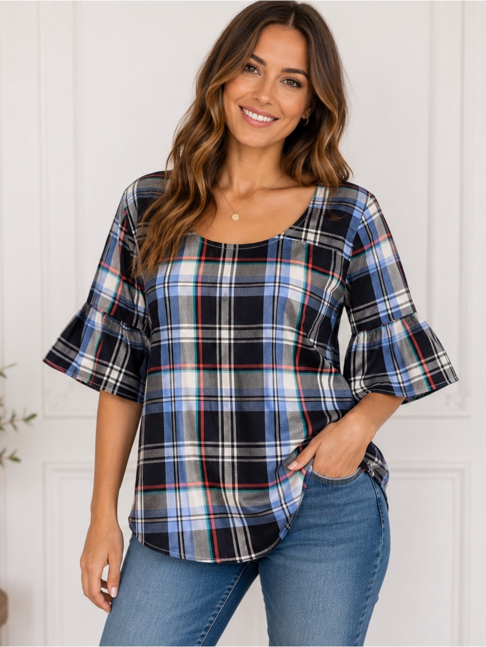 Tommy Hilfiger Plaid Ruffle Sleeve Blouse L Navy Blue Red Green Button Back